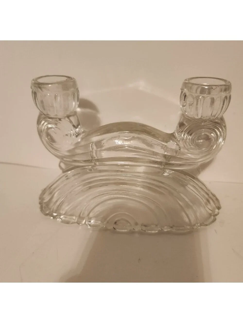 Vintage Art Deco Clear‎ Glass Double Taper Candle Holder Ribbed Fan Base 1940